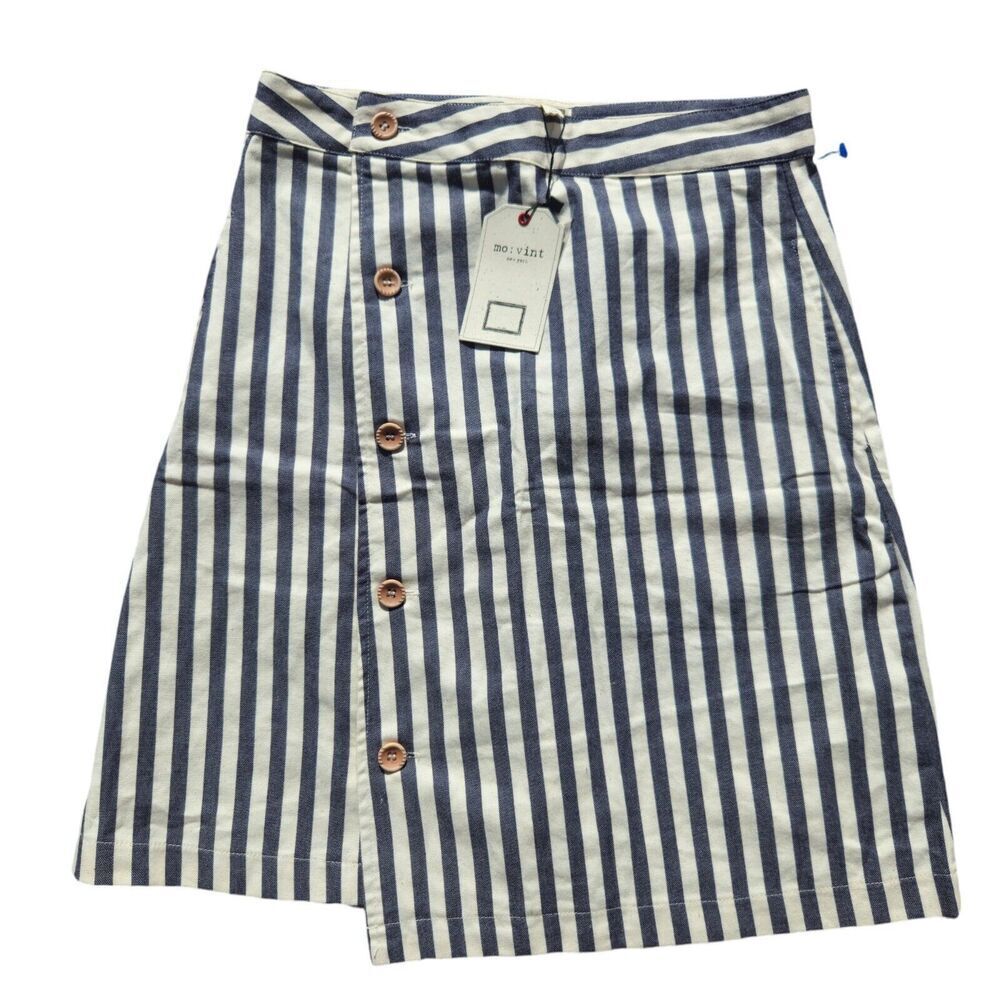 Mo:Vint Button Up Wrap Skirt  White Blue Striped size Small Anthropologie 054